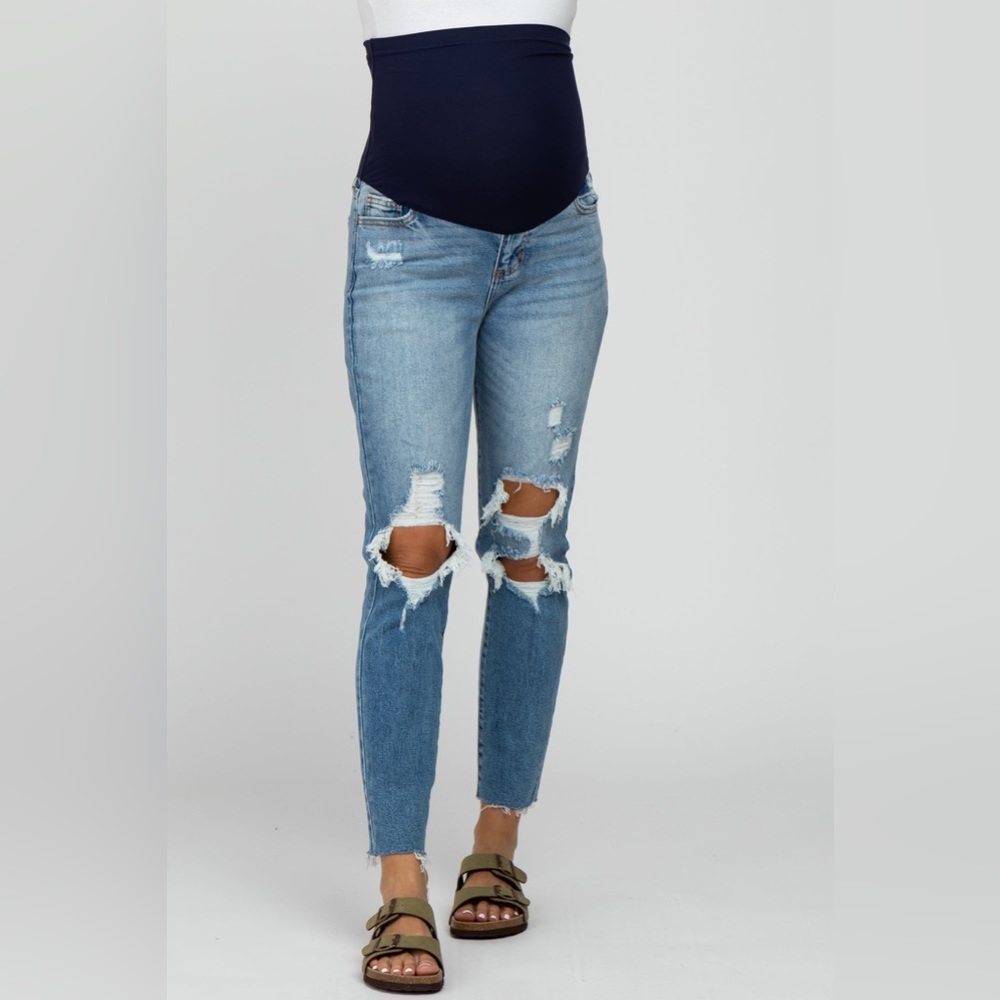 Pinkblush Blue Distressed Cropped Maternity Jeans
